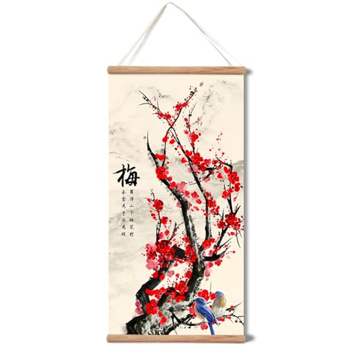 Plum Bossom Chrysanthemum Bamboo Orchid Painting ,Wall Art for Living Room Bedroom,Chinese Traditional Meticulous Painting,Posters and Printing,Fixed Wooden Hanging Scroll (Plum Blossom, 16”x32”) - color: Plum Blossom, size: 32"L x 16"W