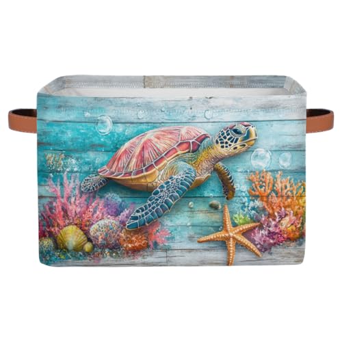 Pardick Storage Baskets Bin, Summer Ocean Turtle Wood Collapsible Canvas Fabric Storage Bin Decorative Baskets Toy Organizer Rectangle Storage Boxes with handles for Home Shelves Nursery,A-4 - color: A-12