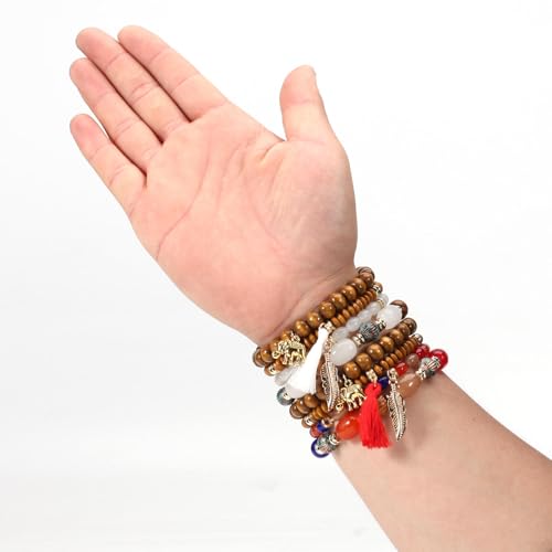 Caiyao 4Pcs Bohemia Multilayer Stackable Elephant Leaf Tassel Bracelets Colorful Wooden Resin Beaded Stretch Bracelets for Women Men Summer Beach Boho Vacation Hawaii Jewelry Gifts - style: StyleA