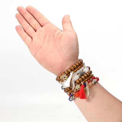 Caiyao 4Pcs Bohemia Multilayer Stackable Elephant Leaf Tassel Bracelets Colorful Wooden Resin Beaded Stretch Bracelets for Women Men Summer Beach Boho Vacation Hawaii Jewelry Gifts - style: StyleA