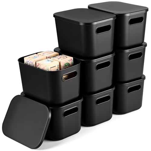 8 Pieces Colorful Storage Bins with Lid, Plastic Storage Basket Organizing Container Stackable Box with Handle for Shelves Desktop Playroom Office(9.8 x 7.1 x 6.3 Inch,Black) - color: Black, size: 9.8 x 7.1 x 6.3 Inch