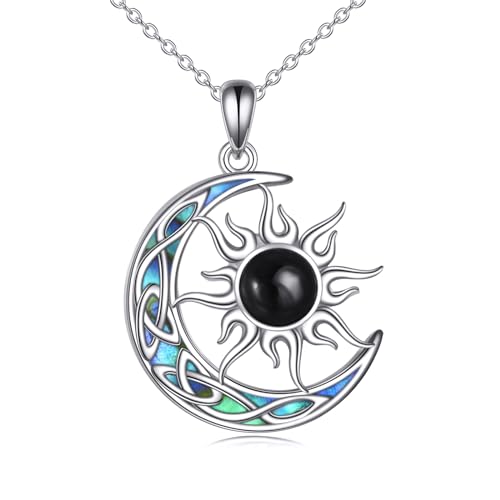 Sun and Moon Necklace for Women 925 Sterling Silver Celtic Crescent Moon Pendant Blue Opal/White Opal/Abelone Shell/Labradorite/Moonstone Jewelry Gift for Teen Girls - color: black onyx sun