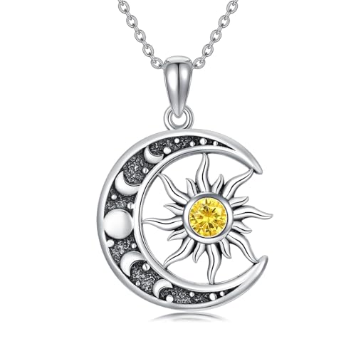 Sun and Moon Necklace 925 Sterling Silver Sun Moon Pendant Gemstone Jewelry Gifts for Women - style: November