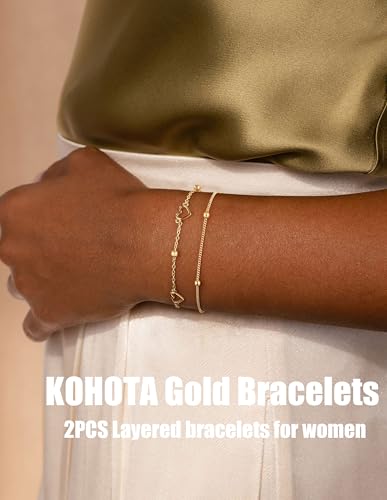 KOHOTA Silver Gold Bracelets for Women Trendy 14K Gold Plated Bracelet for Women Non Tarnish Dainty Stackable Layered Chain Heart Pearl Knot Beaded Bracelets Stack Set Charm Mothers Day Jewelry Gifts - color: C.Heart-gold