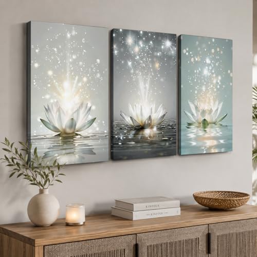 ANRUOXI Canvas Prints Art, White Lotus Floral Pictures Wall Art for Zen Office Bedroom Bathroom Decor, Yoga Meditation Home Room Poster, Modern Artwork Spa Room Art Painting, Framed Ready to Hang - color: 3Zen Art02, size: 18"L x 12"W (3pcs)