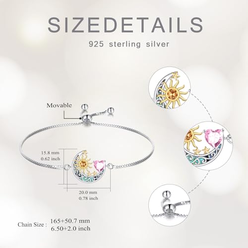 925 Sterling Silver Moon and Sun Star Adjustable Link Bracelet for Women with 12 Month Birthstone Birthday Jewelry - style: 10 - Oct.