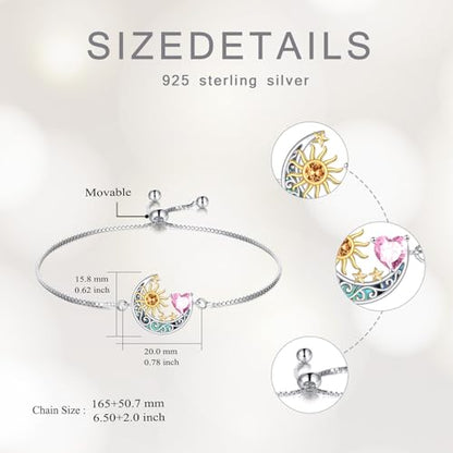 925 Sterling Silver Moon and Sun Star Adjustable Link Bracelet for Women with 12 Month Birthstone Birthday Jewelry - style: 10 - Oct.