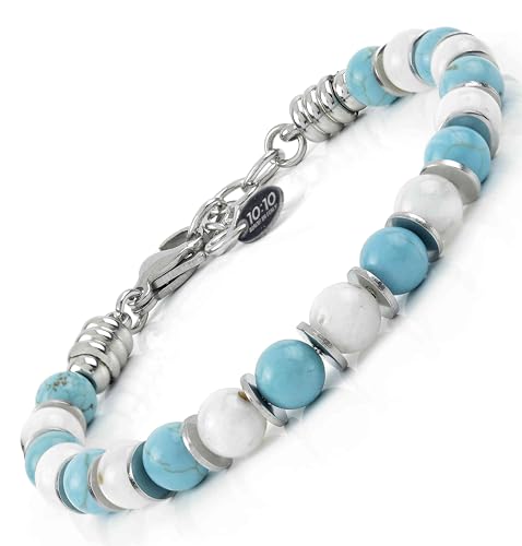 Beaded Bracelet for Men and Women – Natural Gemstone and Stainless Steel – Adjustable, Durable and Elegant – Made in Italy - color: Turquoise - Moonstone