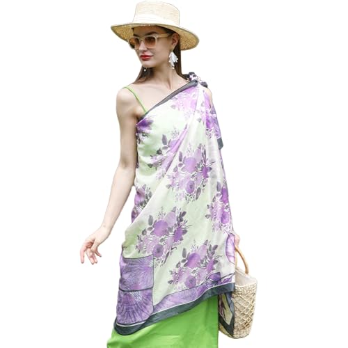 DANA XU Women's 100% Mulberry Silk Pashmina Shawl and Wraps Extra Large Floral Scarf for Evening Dresses, Soft Oversized - color: Beige Purple Floral
