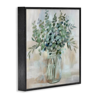 Stupell Industries Soothing Eucalyptus Flower Herb Arrangement Rustic Jar Framed Wall Art, Design by Nan - color: Midnight Black (Textured), size: 17"L x 17"W, style: Framed Giclée (1.5"D)