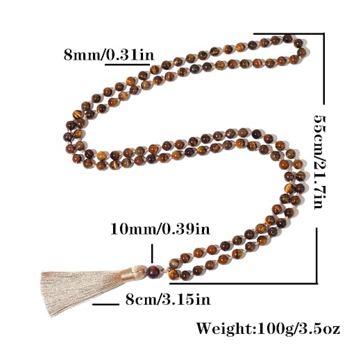 8mm Natural Stone 108 Mala Beads Necklace for Men and Women - color: Brown Tiger Eye