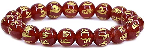 Amandastone Natural Gemstone 10mm Round Beads Stretch Bracelet 7 Inch - color: Dyed Six Word AA Grade Red Agate