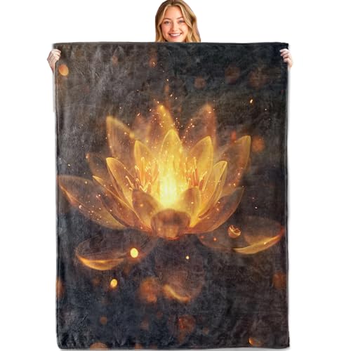 Golden Lotus Glow Throw Blanket, 60x80in, Soft, Lightweight Flannel,Mystical Radiant Flower Design on Dark Blankets, Gifts for Yoga Meditation, for House Home Living Room Decor - color: Lotus, size: 60x80in