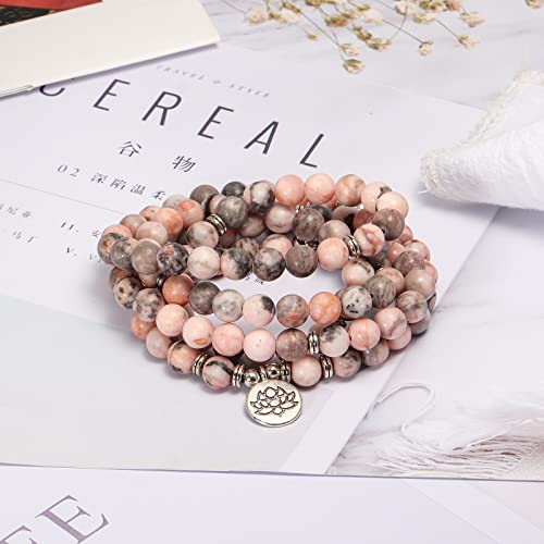 8mm 108 Mala Beads Wrap Bracelet Necklace for Yoga Charm Bracelet Natural Gemstone Jewelry for Women Men - color: Pink Zebra stone