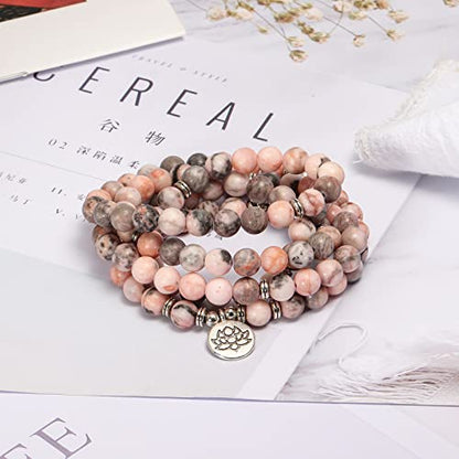 8mm 108 Mala Beads Wrap Bracelet Necklace for Yoga Charm Bracelet Natural Gemstone Jewelry for Women Men - color: Pink Zebra stone