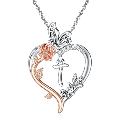 TOUPOP Gifts for Women Her 925 Sterling Silver Rose Heart Initial Necklace Butterfly Heart Jewelry Anniversary Birthday Gifts for Wife Girlfriend Mom - color: T Initial