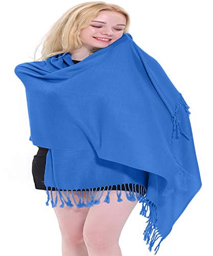 CJ Apparel Solid Color Tassels Design Nepalese Shawl Scarf Wrap Stole Throw Head Wrap Pashmina Gift Hand Made in Nepal New - color: Blue