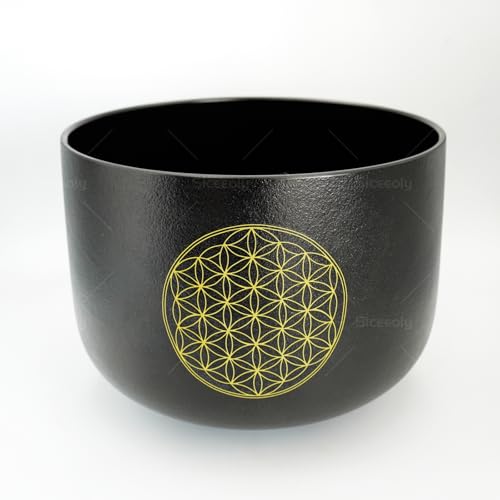 12" C Note Life of Flower Black Crystal Singing Bowl Base Root Chakra Quartz Singing Bowl Meditation Sound Healing with Suede Striker O-ring - size: 12 inch C NOTE