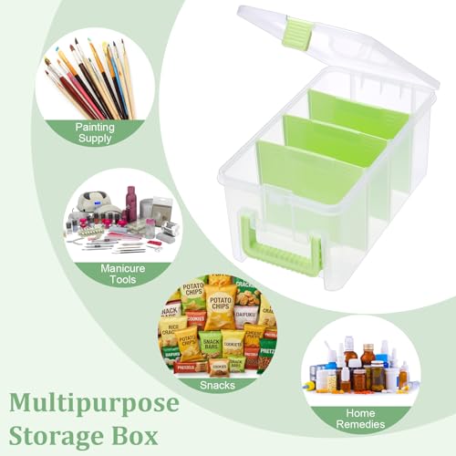 BTSKY Clear Plastic Dividing Storage Box with 4 Deep Compartments Adjustable Storage Bin with Lid Portable Craft Container Multipurpose Sewing Box Art Supply Organizer, 13.9x7.9x6.2 Inches, Green - size: 13.9x7.9x6.2 Inches-Green