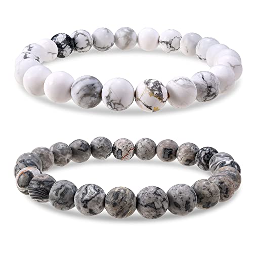 Bivei Natural Gemstone Semi Precious Healing Crystals Handmade Stretchy Round Beads Bracelet,Stocking Stuffers for Women Enhance Positive Energy - color: 8mm Howlite & Picasso Jasper (Good Sleep), size: Medium: 6.8-7.24 inch