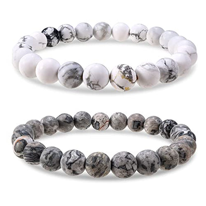 Bivei Natural Gemstone Semi Precious Healing Crystals Handmade Stretchy Round Beads Bracelet,Stocking Stuffers for Women Enhance Positive Energy - color: 8mm Howlite & Picasso Jasper (Good Sleep), size: Small: 6.5-6.7 inch