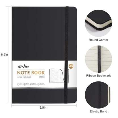 ViVin Lined Journal Notebooks for Work, 192 Pages, Medium 5.5 x 8.3 inch, College Ruled, A5 Hardcover Journaling Notebooks for Writing，Black，1 Pack