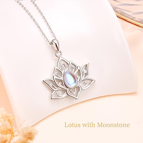 Lotus Neckalces for Women 925 Sterling Silver Moonstone/Turquoise Lotus Pendant for Girls Anxiety Stress Relieving Birthday Yoga Gifts - style: Moonstone Lotus