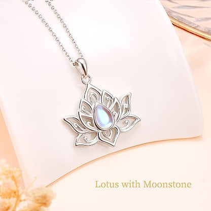Lotus Neckalces for Women 925 Sterling Silver Moonstone/Turquoise Lotus Pendant for Girls Anxiety Stress Relieving Birthday Yoga Gifts - style: Moonstone Lotus