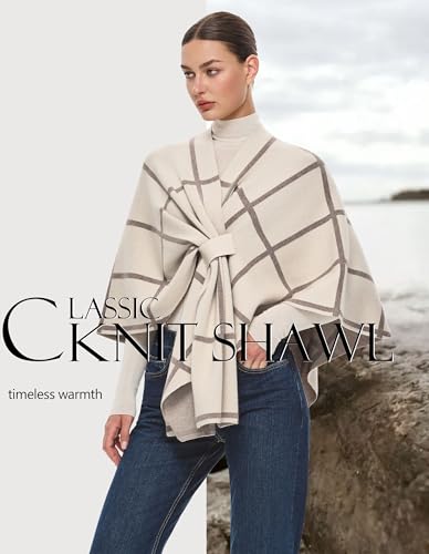 PULI Womens Elegant Cross Front Shawl Wraps Knitted Ponchos Cape Light Weight Poncho Sweater Soft Warm Travel Wraps - color: Classic Check-cream and Oatmeal