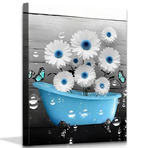 Blue Bathroom Wall Art Canvas Prints Farmhouse Wall Deocr,Blue Tub Flower Posters Washroom Aesthetic Decoration 12x16inch Framed - color: Framed-blue Tub Flower Wall Art