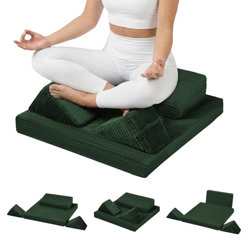 Meditation Cushion Set, Meditation Pillow for Sitting on Floor, Large Yoga Pillow with Knee Support, Washable Zafu Meditation Mat, 3 Shapes Floor Pillow for Adults, Green