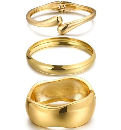 Chunky Gold Bangle Bracelets for Women, Dainty 14k Gold Plated Big Stackable Bangles Set, Trendy Statement Cuff Bracelet Stack Fashion Jewelry Gifts - style: 3 Chunky & thin bangles