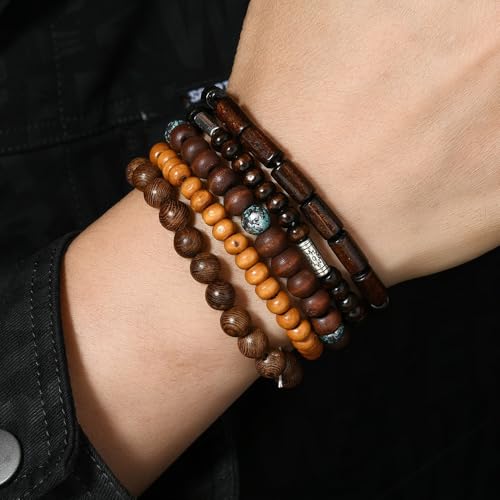 5pcs Wooden Bead Bracelet Set with Charm and Tassel for Men & Women - Stackable Boho Bracelets, Amber Color Scheme Adjustable Bracelet - color: Brown Blue Green