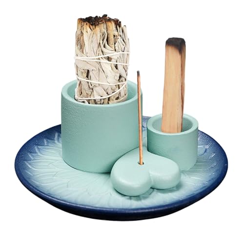 Multi-Use Meditation Tray, Ash Catcher Ceramic Incense Burner Holder for Palo Santo, Sage Sticks & Candles, Easy-Clean Design for Meditation Rooms, Yoga Studios & Home Altars (Blue_02) - color: Blue_02