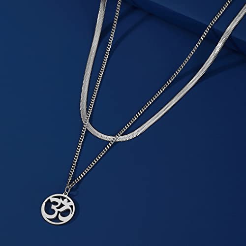 UNIFT Necklace For Women- Aum Om Ohm Sanskrit Symbol Round Pendant Beaded Double Layer Chain Charm Necklace,Hinduism Yoga Sanskrit Personalized Amulet Dainty Pendant Necklace Jewelry - color: snake bone chain - silver