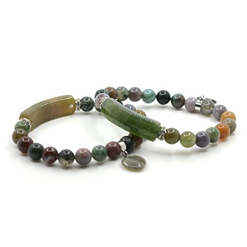 Justinstones Gem Semi Precious Gemstone Love Heart Charm Stretch Beaded Bracelet Unisex - color: Multicolor Indian Agate