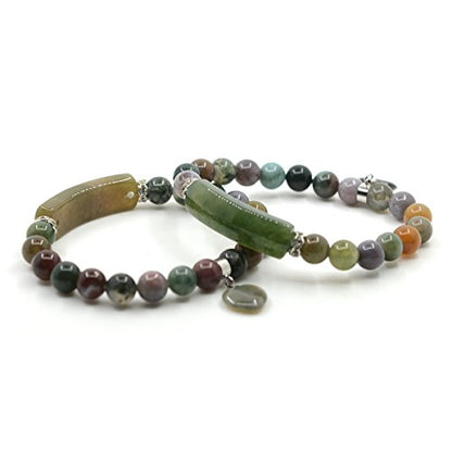 Justinstones Gem Semi Precious Gemstone Love Heart Charm Stretch Beaded Bracelet Unisex - color: Multicolor Indian Agate