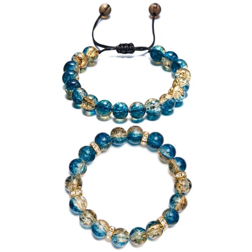 LANG XUAN Beaded Stretch Bracelets for Women Men Healing Crystal Stone Bracelet Bead Adjustable Unisex Gemstones Bracelets 10MM Weave Jewelry Gifts - color: 2pcs Yellow blue