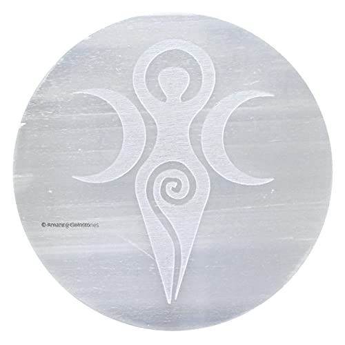 Amazing Gemstone Selenite Crystal Charging Plate For Crystals And Healing Stones, 3" Selenite Crystal Plate Engraved Goddess Angel Coaster For Home, Office Table Decor (Selenite Round Disc) - color: Goddess Angel