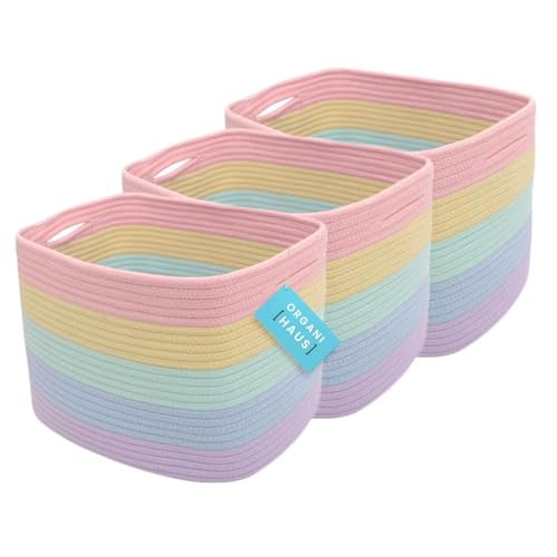 Pastel Rainbow Cotton Rope Baskets for Shelves, Set of 3-15"×10"×9½" - Colorful Storage Baskets for Kids - Nursery, Playroom, Classroom - Toy Storage, Books, Towels - color: Rainbow Pastel