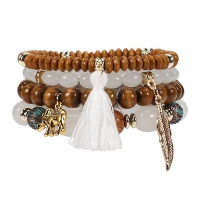 Caiyao 4Pcs Bohemia Multilayer Stackable Elephant Leaf Tassel Bracelets Colorful Wooden Resin Beaded Stretch Bracelets for Women Men Summer Beach Boho Vacation Hawaii Jewelry Gifts - style: StyleA