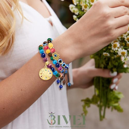 Bivei Chakra Bead Bracelets for Women - 8mm 7 Chakra Bracelet With Real Stones Yoga Gemstone Jewelry 3 Pack - style: #1 Set of 3 Evil Eye