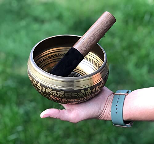 Large Tibetan Singing bowl Set - Bronze Style - Easy To Play - 5" Sound Yoga Bowl Mantra Design Mindfulness Meditation Healing Sound Gift By Himalayan Bazaar