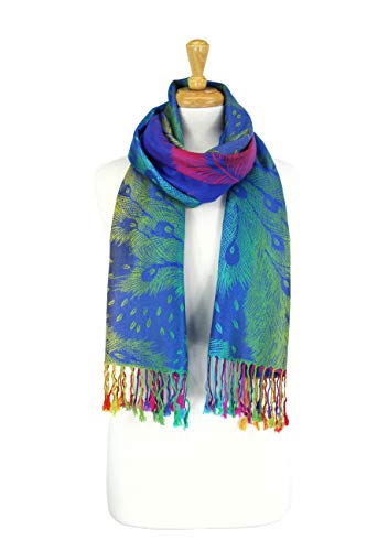 PASKMLNA Double Side Multi Colors Silky Tropical Colorful Exotic Pashmina Wrap Shawl Scarf Rave - color: 050-royal Blue Multi Feathers