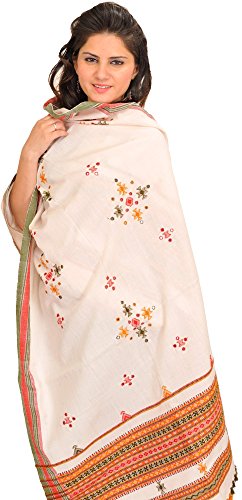 Exotic India Shawl from Kutch with Embroidered Bootis and Mirrors - Wool - color: Cream Pink