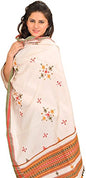 Exotic India Shawl from Kutch with Embroidered Bootis and Mirrors - Wool - color: Cream Pink