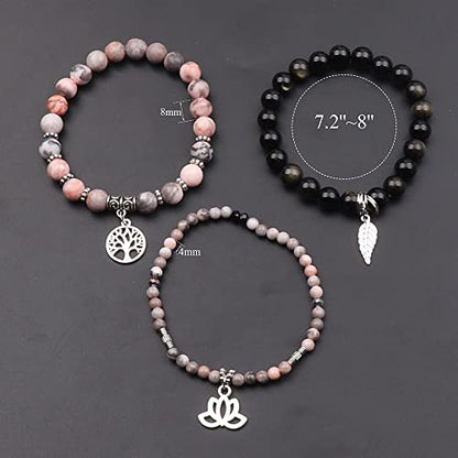 Tree of Life Yoga Healing Stone Bracelets,Multilayer Lotus Chakra Stone Reiki Bracelet Sets,Anxiety Crystal Natural Stone,for Women Stress Relief - style: pink zebra+golden obsidian