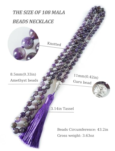 Mala Beads 108 Handmade Necklace,Natural Indian Agate Turquoise Amethyst with Alloy Guru Bead and Tassel,43.2 Inches for Prayer,Meditation,Yoga - color: Amethyst