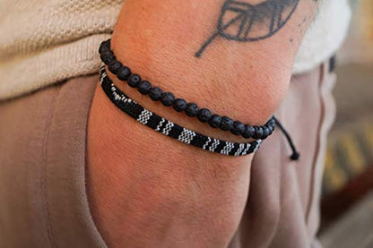 Made by Nami 2 Pcs Boho Surfer Bracelets for Men and Women Waterproof and Adjustable Beach Bracelets for Men and Women Set of 2 Beaded & Braided - color: Lava-Beads & Black