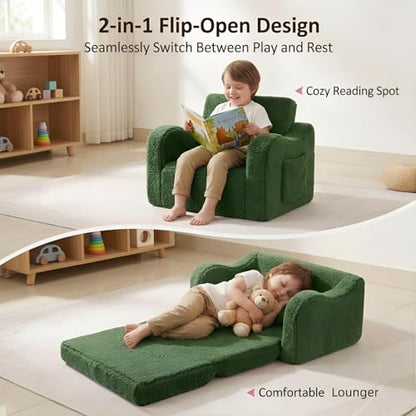 MOMCAYWEX Kids Sofa, 2-in-1 Flip-Out Foam Couch with Soft Sherpa Cover, Cozy Play Lounge Chair, Green - color: Green, size: Medium